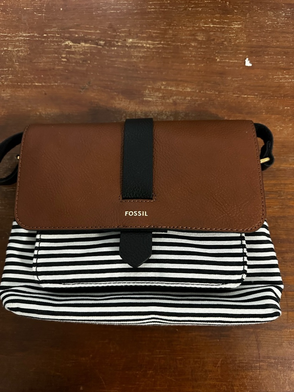 Fossil Brown Leather Flap Crossbody with Black & White Stripes